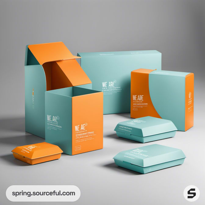 Teal and orange package boxes with open lids on a gray surface.