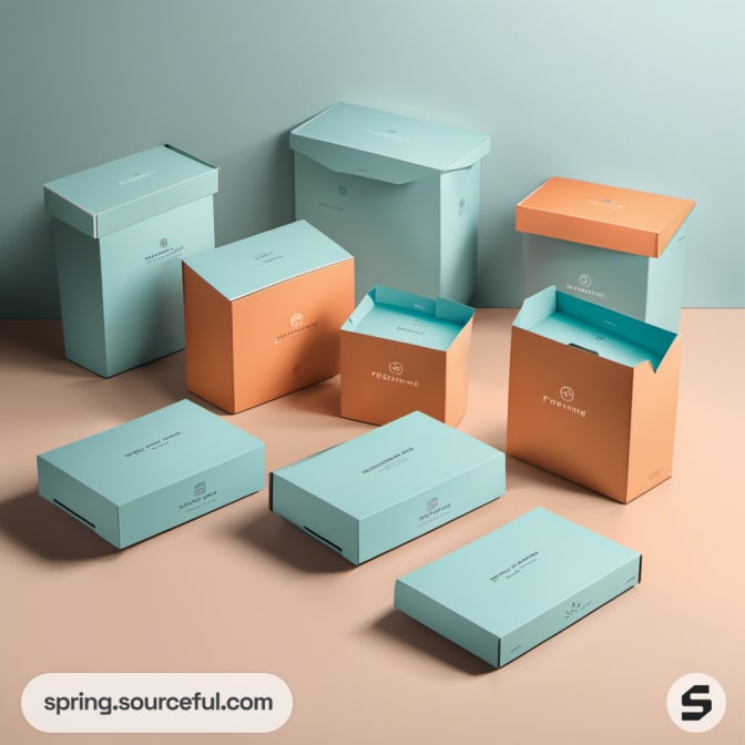 Teal and orange boxes with lids and open containers on a beige surface.