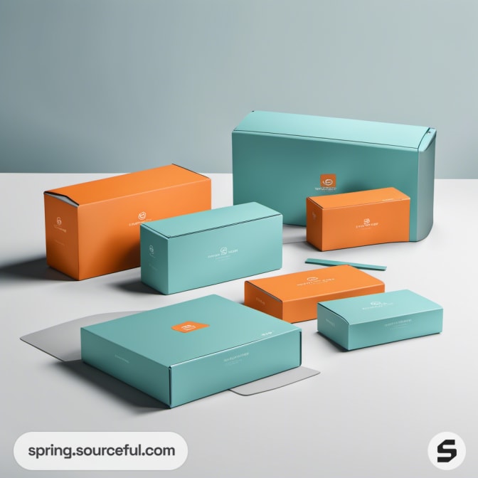Teal and orange rectangular boxes on a light gray surface.