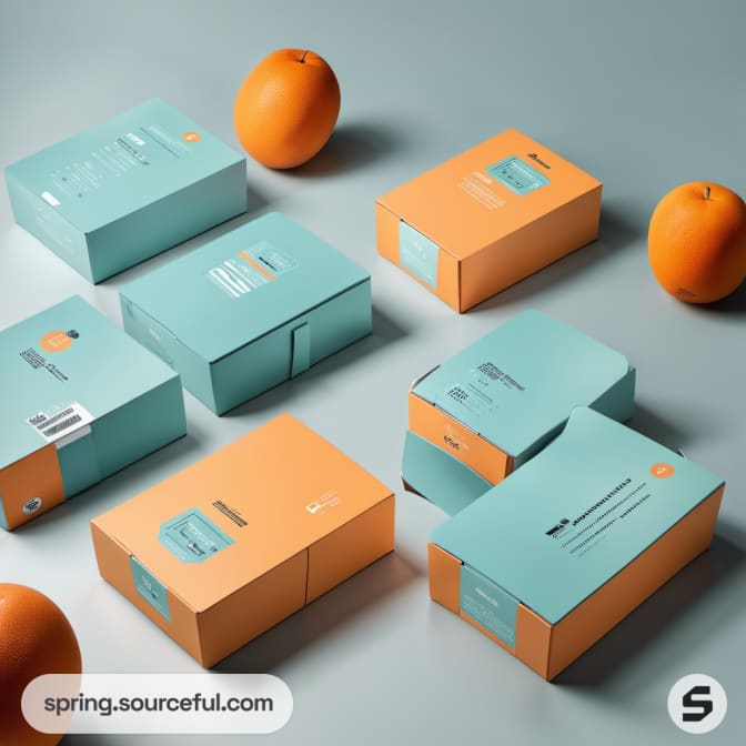Teal and orange boxes with text and oranges on a gray surface.