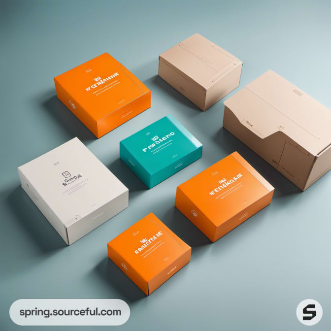 Variety of orange, teal, and beige boxes on teal background.