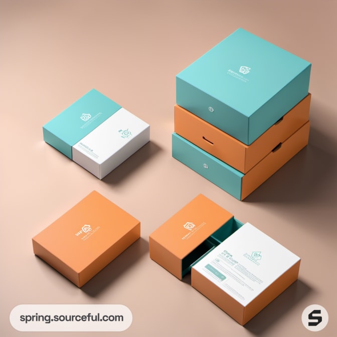 Stacked teal and orange square boxes on beige background.
