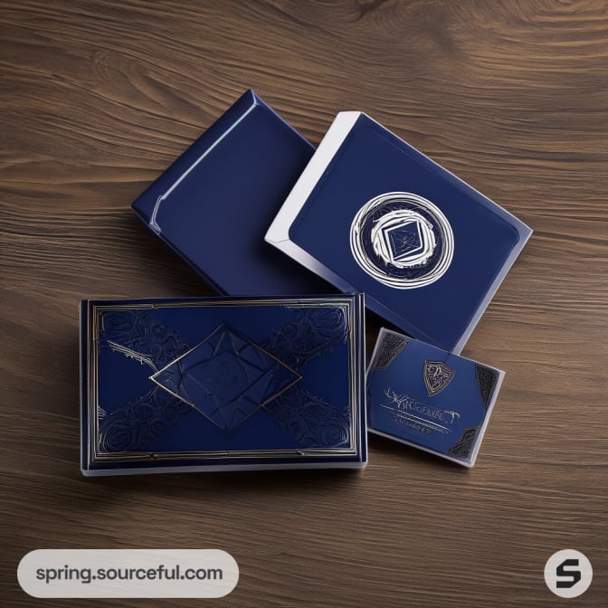 Navy blue and white box with geometric design on wood surface.
