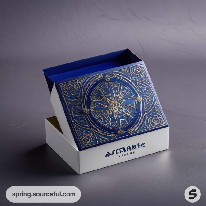 Blue box with ornate circular design, partially open.