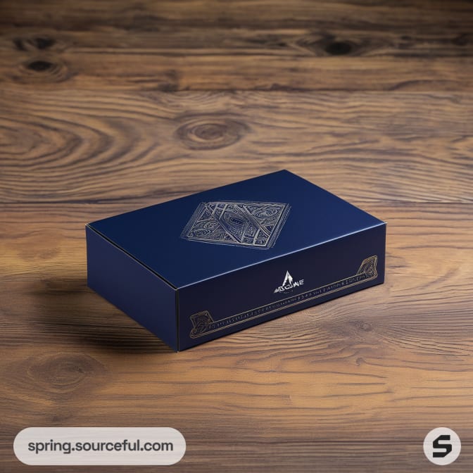 Closed navy blue box with intricate symbol on wooden background.