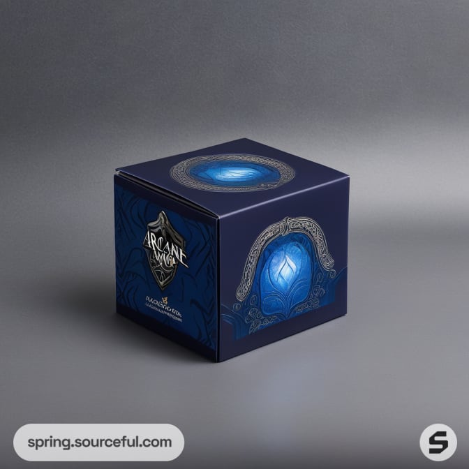 Blue cube box with ornate detailing and a decorative logo.