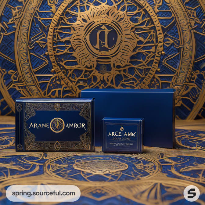 Set of blue boxes with intricate gold designs on detailed backdrop.