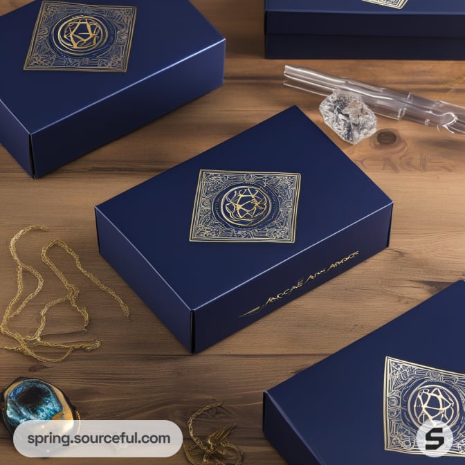 Navy blue boxes with detailed designs on wood table accessories.