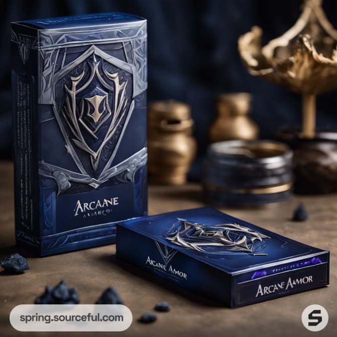 Tall blue box with shield design beside a smaller box.