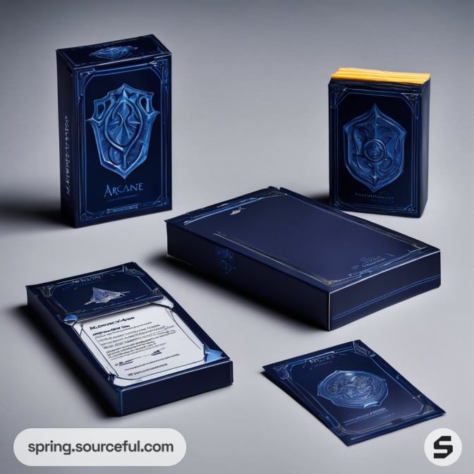 Open blue and gold packaging with shield motif and instructions.