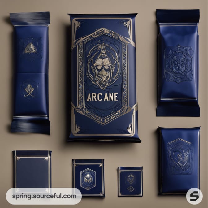 Set of blue packets with elaborate crest and decorations.