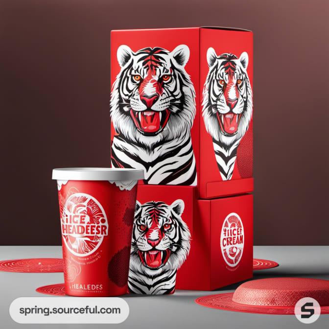 Ice cream set with bold tiger artwork and red packaging on a brown backdrop.