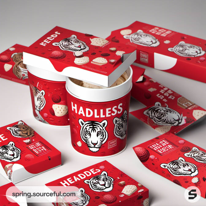 Ice cream tubs and boxes with red tiger graphics and strawberries.