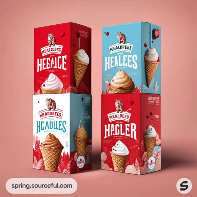 Stacked ice cream boxes in red and blue with cone illustrations.