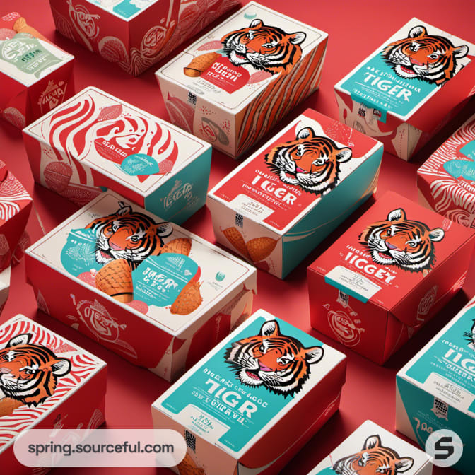 Ice cream boxes with vibrant tiger imagery and colorful designs.