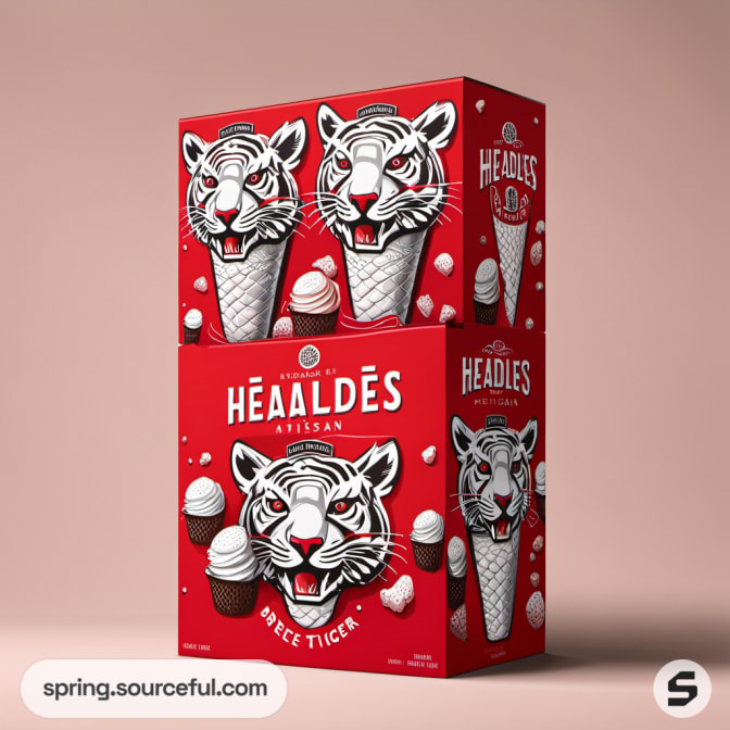 Ice cream box set with cone and tiger graphics on bold red packaging.