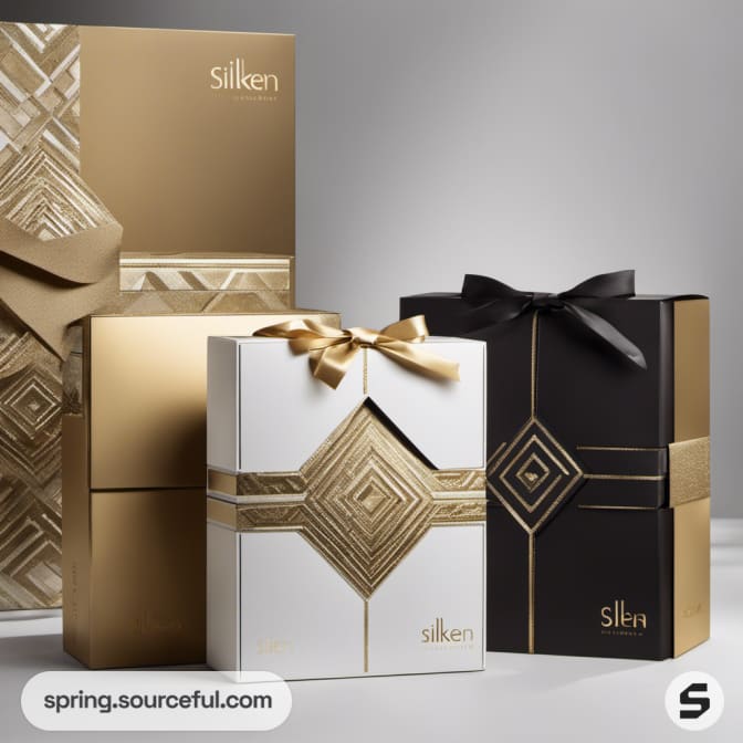 Elegant gold and black gift boxes with geometric patterns.