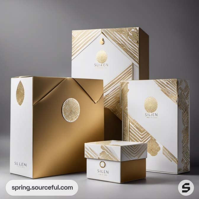 White and gold boxes with subtle embossed designs.