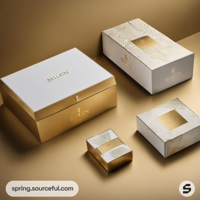 White and gold boxes with minimal design on gold surface.