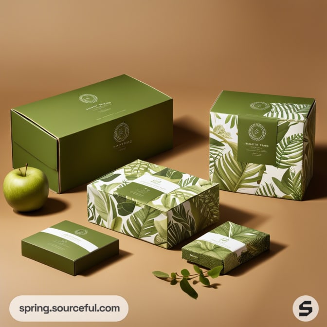 Green and white gift boxes with leaf patterns on a brown background with a green apple.