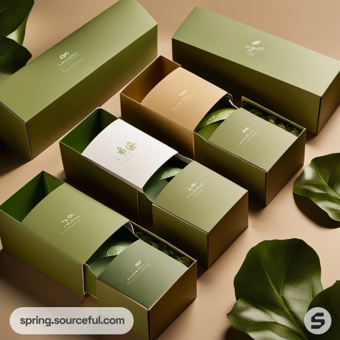 Green gradient gift boxes with botanical designs and sliding lids on a beige background with green leaves.