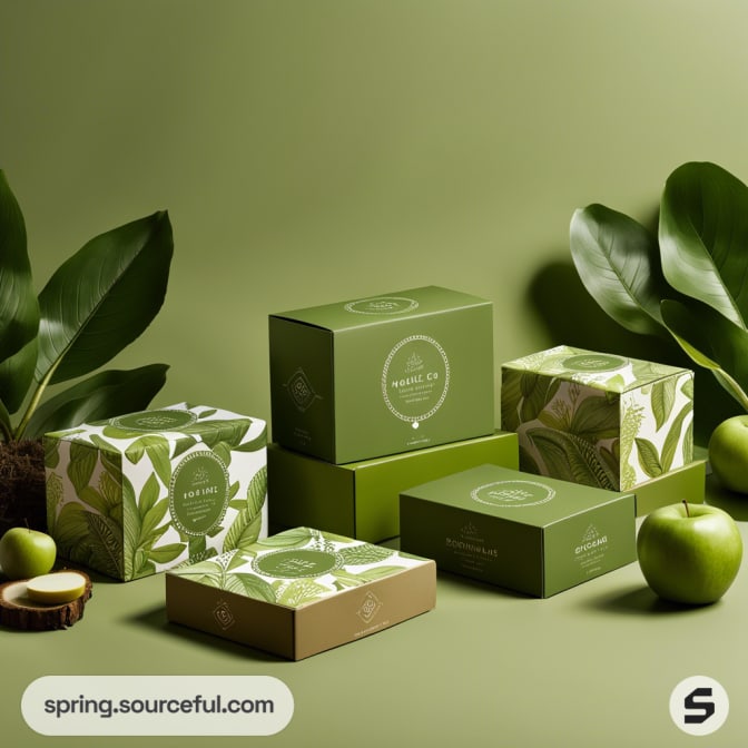 Green packaging boxes with leaf patterns stacked on a green background, surrounded by leaves and green apples.