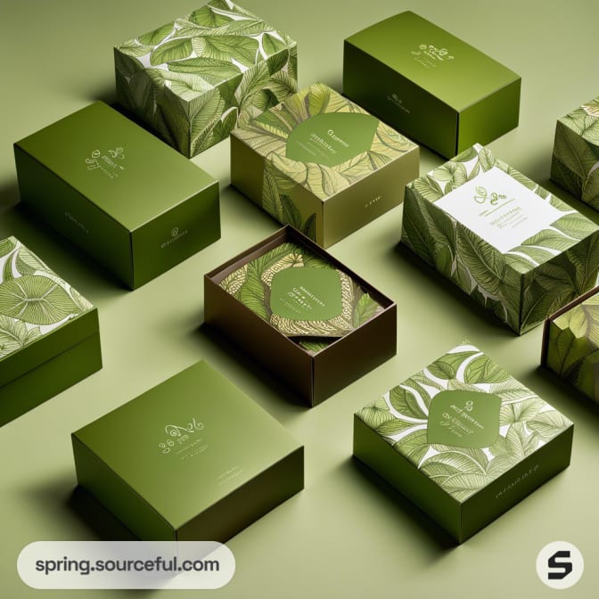 Green and brown leaf-patterned mailer boxes arranged on a green surface.