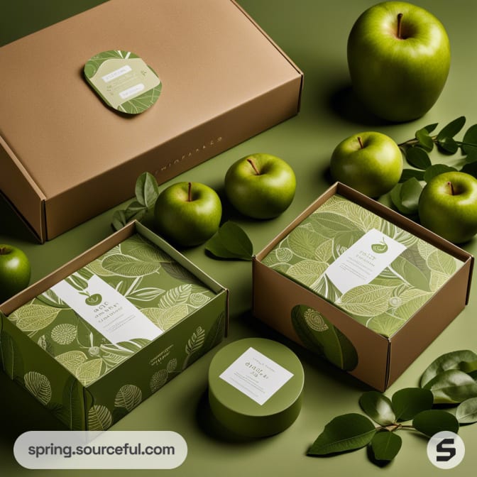 Eco-friendly packaging with green apple design featuring boxes and containers on a green background.