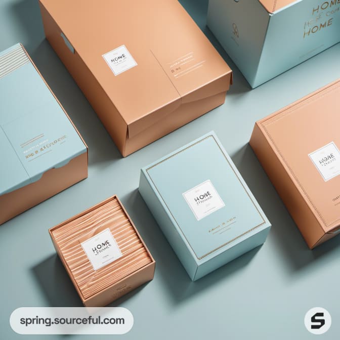 Blue and peach colored packaging boxes arranged on a light blue surface.