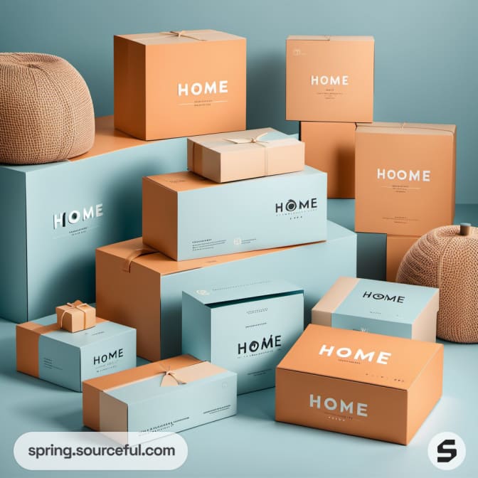 Assorted blue and orange packaging boxes stacked in a room.