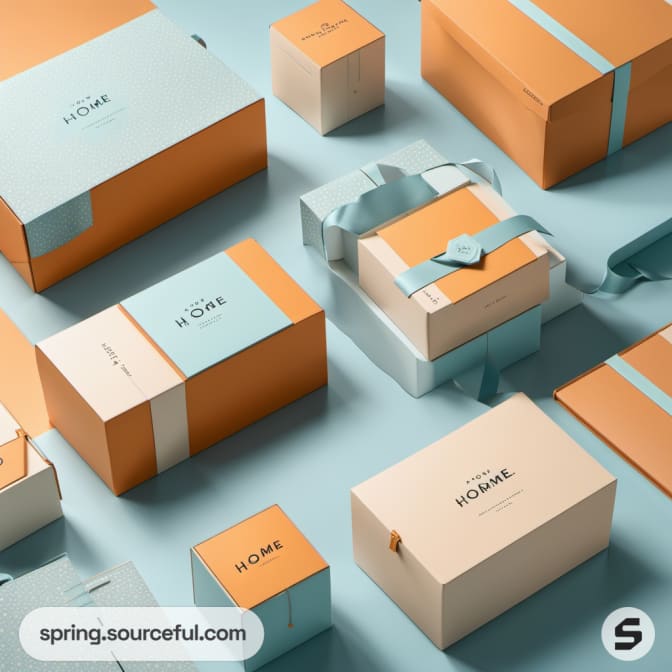 Various gift boxes in blue and orange with ribbons and bows.