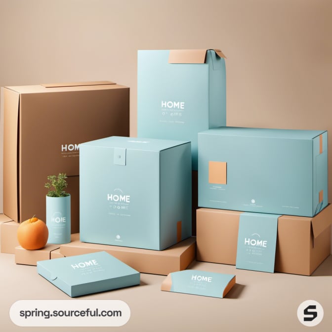Stacked packaging boxes in blue and orange on a beige background.
