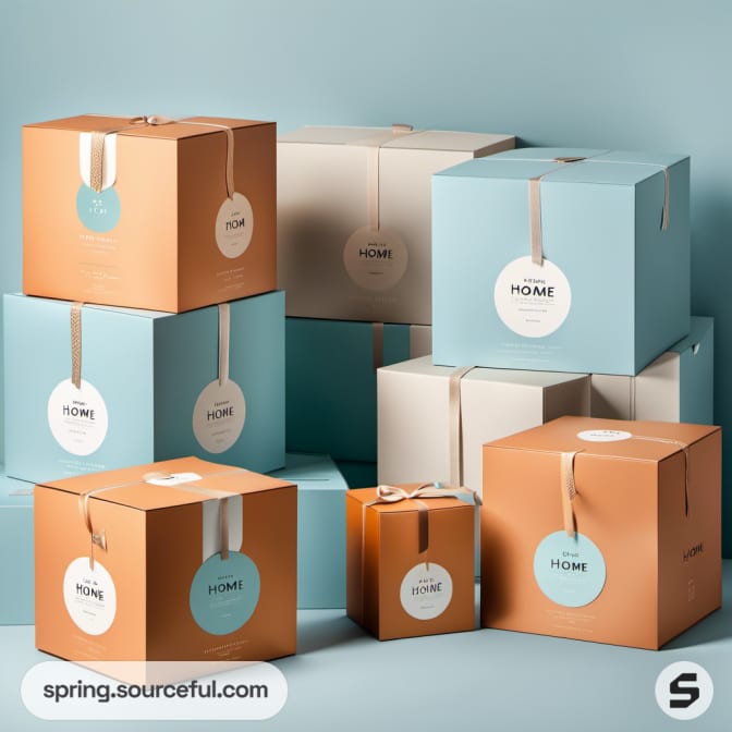 Stacked blue and orange gift boxes with round tags.
