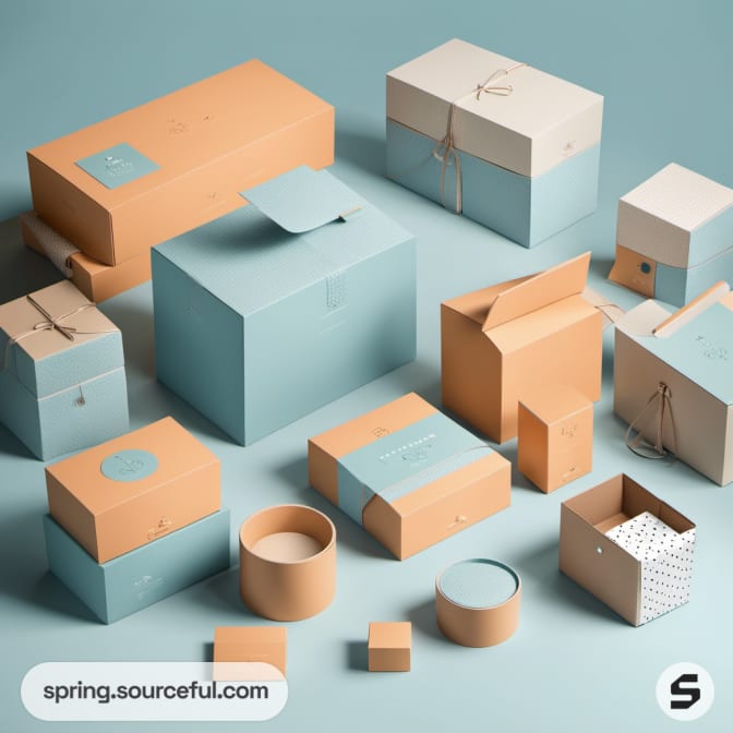 Assorted blue and orange boxes with lids and open flaps.