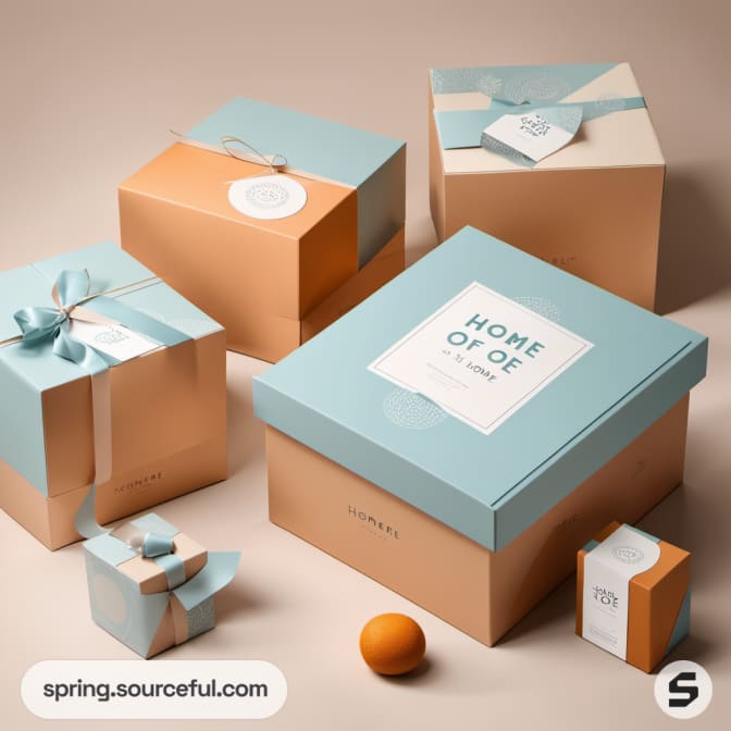 Gift boxes in blue and orange with ribbons on a beige surface.