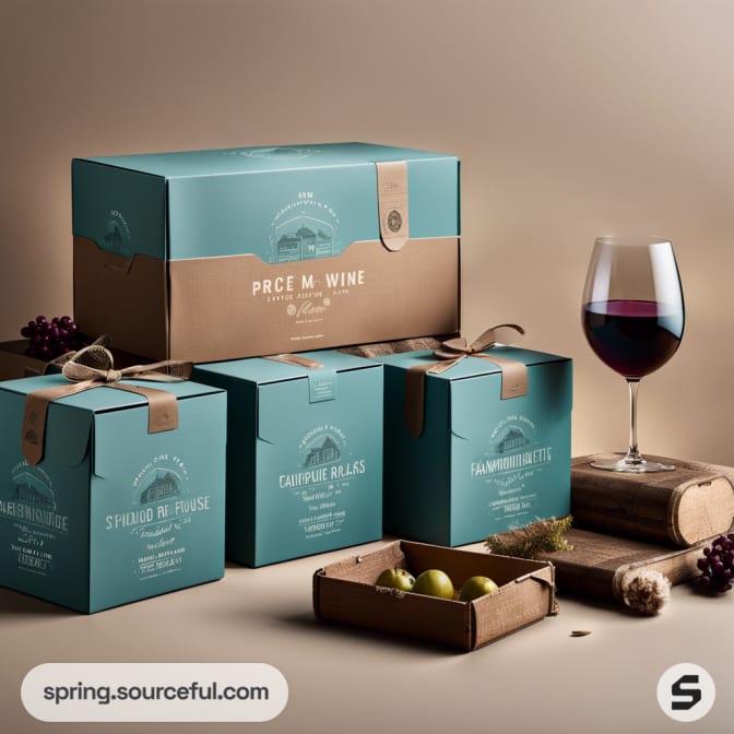 Four teal and brown wine boxes with a glass of red wine and grapes in rustic setting.