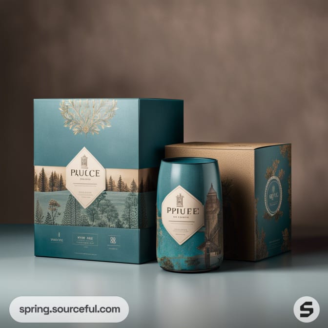 Teal cylinder and box with blue mountains and trees design on a light background.