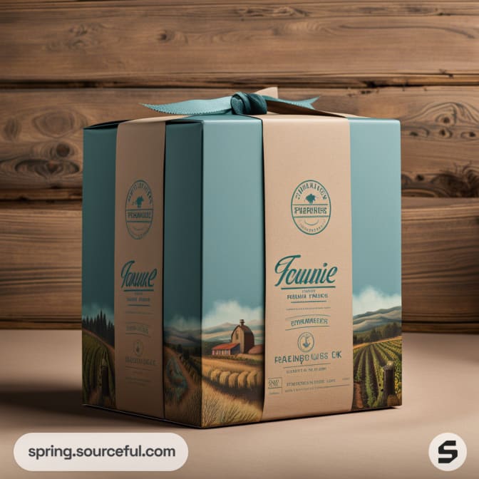 Farm-themed cardboard gift box with ribbon, featuring nature illustrations and text, set against a wooden background.