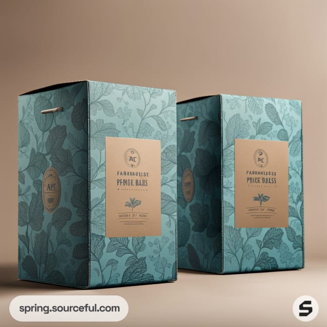 Two teal cardboard boxes with floral patterns and beige labels on a neutral background.