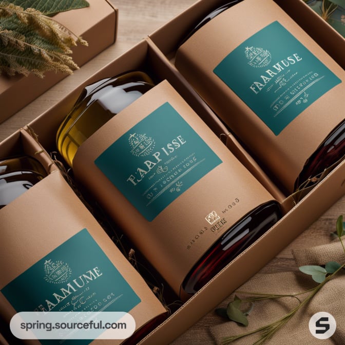Three glass bottles in a cardboard holder with teal labels and brown packaging, surrounded by leaves and twigs.