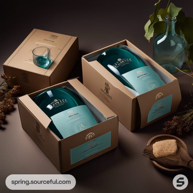 Cardboard boxes with green bottles and small cups, surrounded by dried plants and sugar cubes.