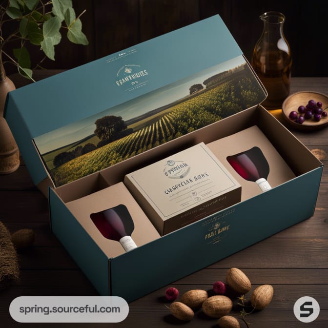 Gift box with wine glasses, a scenic vineyard image, and nuts on a dark wood surface.