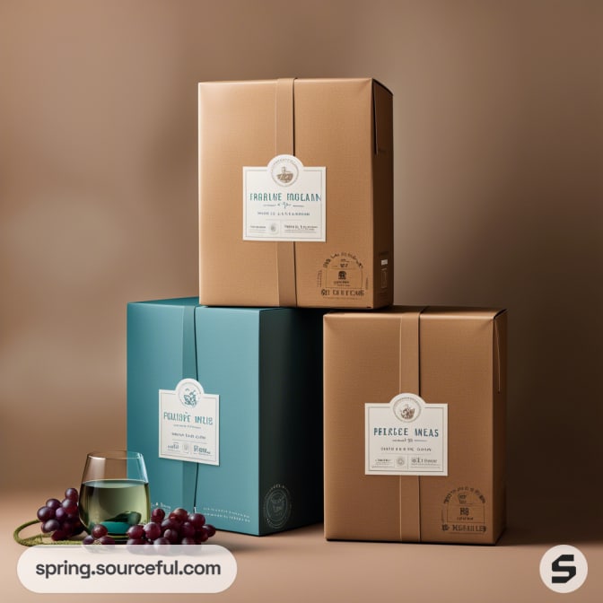 Three wine boxes stacked, two brown and one teal, with a glass of white wine and grapes beside them on a brown background.