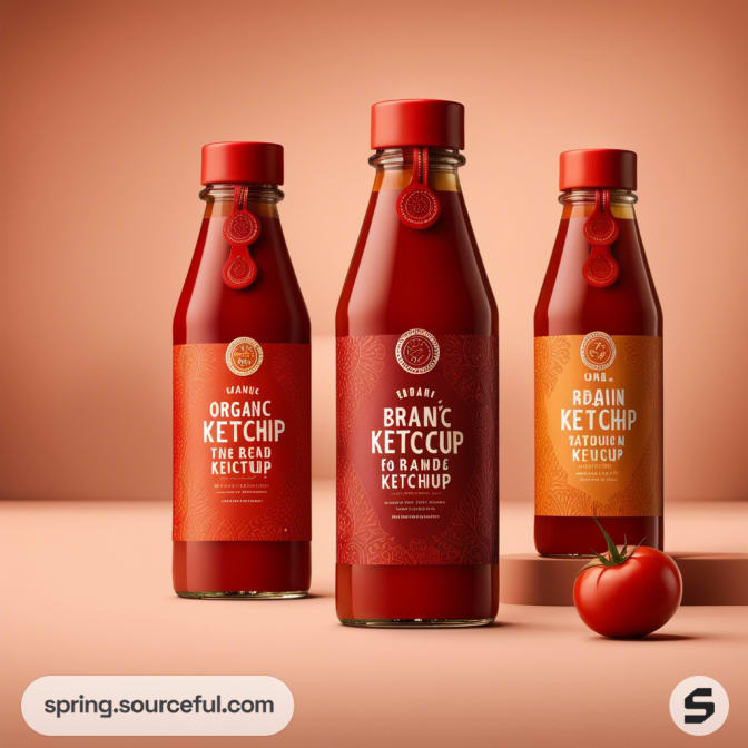 Three glass bottles of ketchup with red caps and labels on a peach background, featuring a tomato placed nearby.