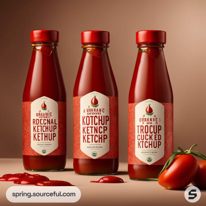 Three glass ketchup bottles with red labels on a wooden surface, surrounded by fresh tomatoes.