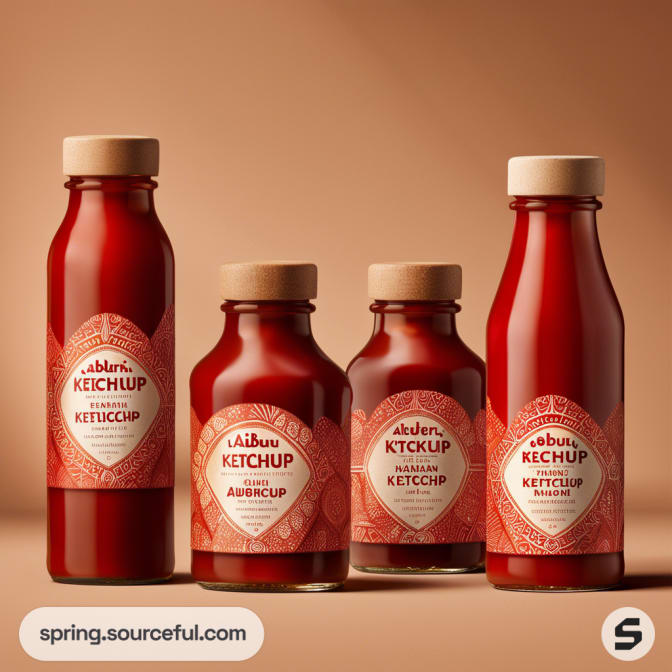 Four glass bottles of ketchup with red and white labels on an orange background.
