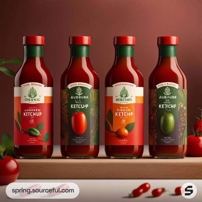 Four glass bottles of ketchup with green and red labels, featuring tomatoes and jalapeños, on a wooden surface.
