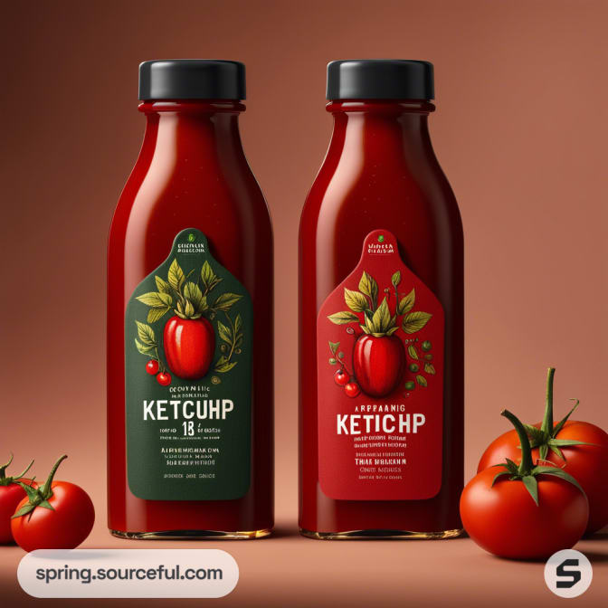 Two bottles of ketchup, red sauce, minimalist label, with fresh tomatoes on the side.