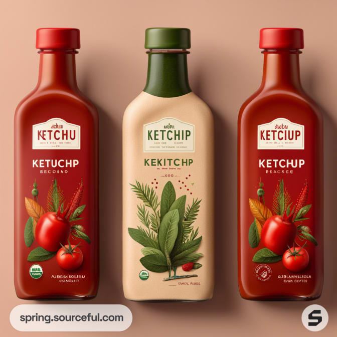 Three ketchup bottles with red and green caps, featuring tomato and herb designs against a neutral background.