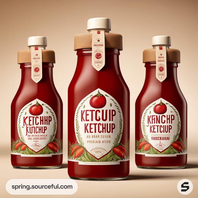Three glass ketchup bottles with red labels, wooden caps, and ribbon accents, labeled Tomato Ketchup.